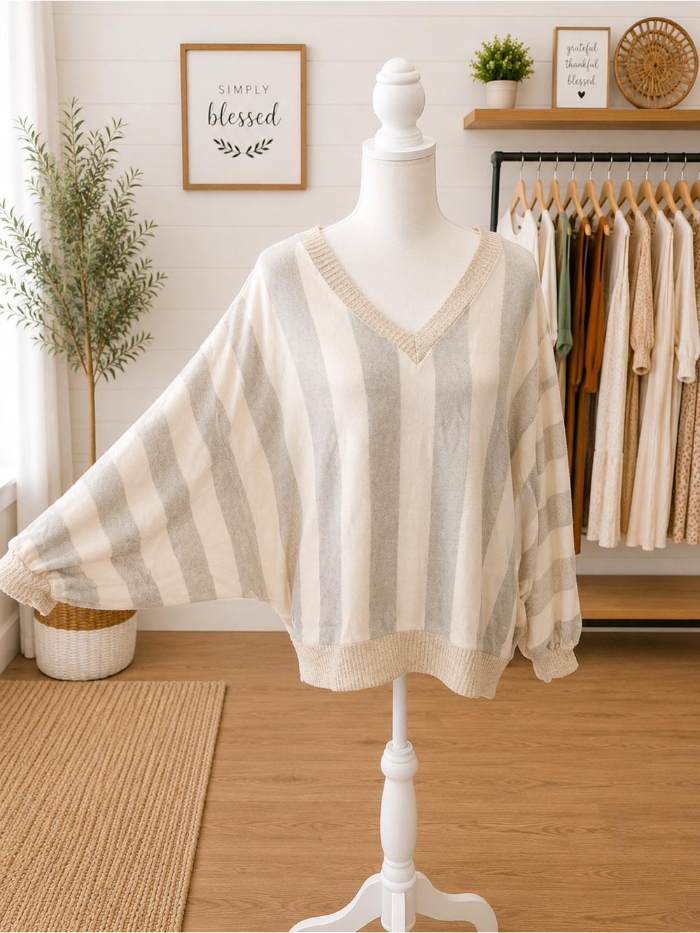 White Birch Sage Green & Cream Striped Dolman Top Plus Size 1X 2X 3X Soft